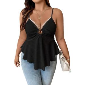 imageOYOANGLE Womens Plus Size Cami Casual Spaghetti Strap V Neck Asymmetrical Hem Tank TopBlack Solid
