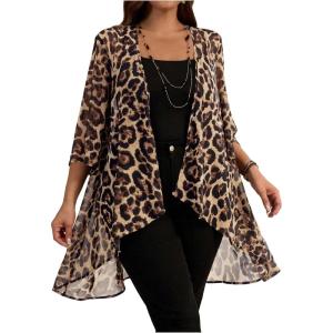 imageOYOANGLE Womens Plus Size Cheetah Print Kimono Cardigan Open Front Asymmetrical Hem Beach Cover UpBrown