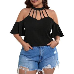 imageOYOANGLE Womens Plus Size Cold Shoulder Halter Blouse Cut Out Ruffle Half Sleeve Shirt TopsBlack