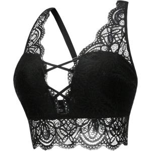 imageOYOANGLE Womens Plus Size Criss Cross Lace Bralette Scallop Trim V Neck No Padding Longline BrasBlack