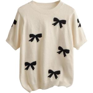 imageOYOANGLE Womens Plus Size Cute Bow Print Short Sleeve Sweater Crew Neck Pullover Knit TopsBeige