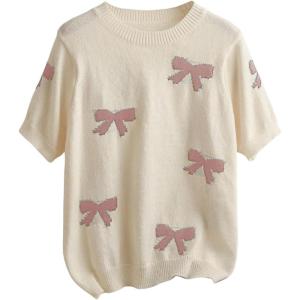 imageOYOANGLE Womens Plus Size Cute Bow Print Short Sleeve Sweater Crew Neck Pullover Knit TopsPink