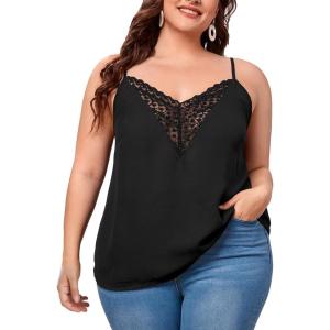 imageOYOANGLE Womens Plus Size Embroidery Mesh Sleeveless Spaghetti Straps Tops Solid Plain Elegant Cami TopsBlack