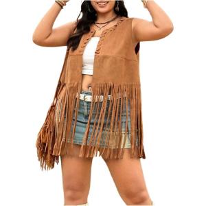 imageOYOANGLE Womens Plus Size Faux Suede Tank Top Fringe Tassel Open Front Cardigan Vest JacketBrown