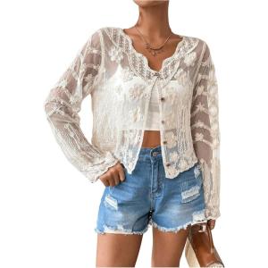 imageOYOANGLE Womens Plus Size Floral Appliques Long Sleeve Button Front Sheer Cardigan Lightweight See Through OuterwearApricot