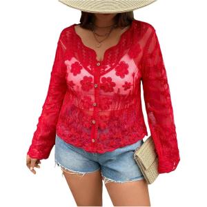 imageOYOANGLE Womens Plus Size Floral Appliques Long Sleeve Button Front Sheer Cardigan Lightweight See Through OuterwearRed