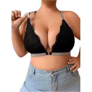 imageOYOANGLE Womens Plus Size Floral Lace Front Closure Bras Rhinestone Backless Wireless Padded BralettesBlack
