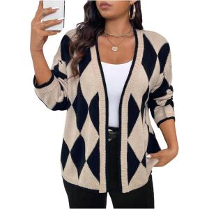 imageOYOANGLE Womens Plus Size Geo Print Open Front Cardigan Sweater Drop Shoulder Work Dressy Knit Sweater CoatKhaki