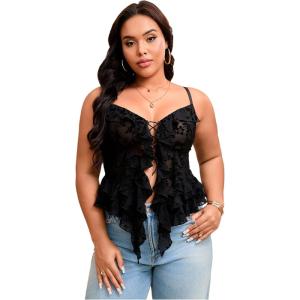 imageOYOANGLE Womens Plus Size Lace Sheer Ruffle Trim Cami Tops Y2K Lace Up Fitted Camisole ClubwearBlack