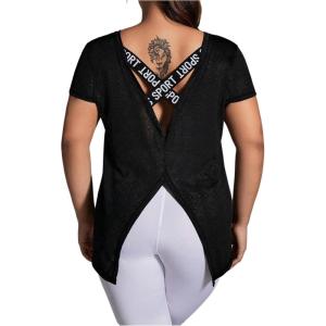 imageOYOANGLE Womens Plus Size Letter Tape Criss Cross Short Sleeve Sports Tee Shirt Breathable Athletic Gym Yoga TopBlack