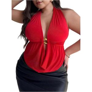 imageOYOANGLE Womens Plus Size Metal Ring Linked Plunge Neck Halter Crop Top Open Back Ruched Party TopsRed