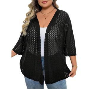 imageOYOANGLE Womens Plus Size Open Front Crochet Cardigan Sweater 34 Sleeve Knitted OuterwearBlack