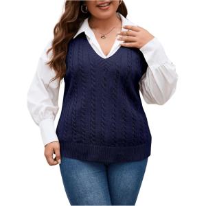 imageOYOANGLE Womens Plus Size Pullover Ribbed Solid Color Cable Knit Vest Top Sleeveless Stretch Sweater VestNavy Blue