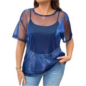 imageOYOANGLE Womens Plus Size See Through Top Metallic Mesh Sheer Short Sleeve Rave T Shirt BlouseBlue