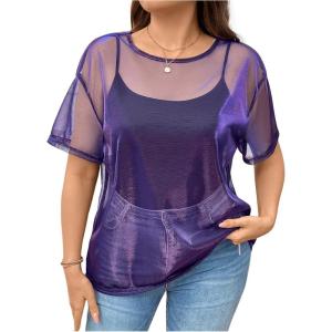 imageOYOANGLE Womens Plus Size See Through Top Metallic Mesh Sheer Short Sleeve Rave T Shirt BlousePurple