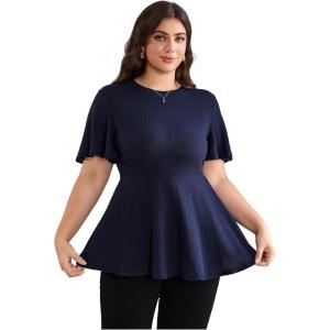 imageOYOANGLE Womens Plus Size Short Sleeve Peplum Blouse Waffle Knitted Flared Round Neck Shirts TopsDark Blue