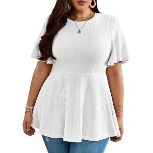 imageOYOANGLE Womens Plus Size Short Sleeve Peplum Blouse Waffle Knitted Flared Round Neck Shirts TopsWhite