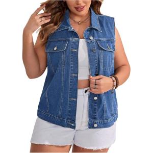 imageOYOANGLE Womens Plus Size Sleeveless Denim Jacket Vintage Button Down Jean Vest CoatLight Blue