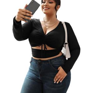 imageOYOANGLE Womens Plus Size Solid Long Sleeve V Neck Cut Out Tie Front Ruched Slim Fit Crop Tee TopBlack