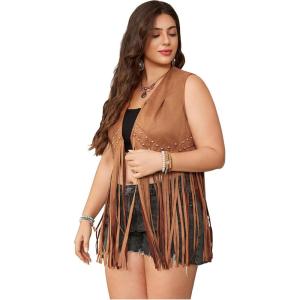 imageOYOANGLE Womens Plus Size Suede Fringe Vest Sleeveless Rivets Boho Tassel Hippie Jacket OuterwearBrown