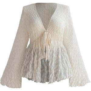 imageOYOANGLE Womens Plus Size Textured Sheer Tops Long Sleeve Knot Front Blouse Lettuce Trim Split Front V Neck TopsApricot