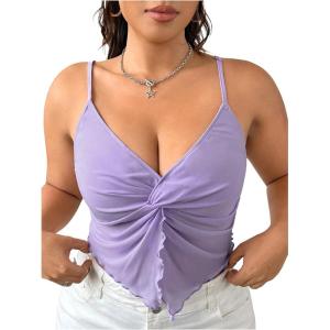 imageOYOANGLE Womens Plus Size Twist Front Ruched Cami Crop Tops Spaghetti Strap Slit Hem CamisolePurple