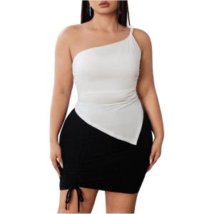 imageOYOANGLE Womens Plus Size Twist One Shoulder Tank Top Sleeveless Ruched Asymmetrical TopsWhite