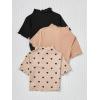imageOYOANGLE Girls 3 Pack Short Sleeve TShirts Ribbed Knit Mock Neck Tee Shirts Heart Print TeesBlack and Khaki