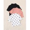 imageOYOANGLE Girls 3 Pack Short Sleeve TShirts Ribbed Knit Mock Neck Tee Shirts Heart Print TeesPink Black White