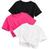 imageOYOANGLE Girls 3 Pack Short Sleeve Tee Shirts Set Twist Hem Crop Top Summer Casual TeesBlack Multi