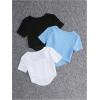 imageOYOANGLE Girls 3 Pack Textured Short Sleeve TShirt Set Square Neck Asymmetrical Hem Summer Tee ShirtsBlack White Blue