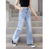 imageOYOANGLE Girls Cargo Jeans Zipper Fly Flap Pocket Straight Leg Y2K Denim PantsMedium Wash