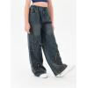 imageOYOANGLE Girls Elastic High Waist Wide Leg Jeans Y2K Ripped Pattern Denim Pants with PocketBlue