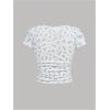 imageOYOANGLE Girls Floral Short Sleeve Ribbed Knit T Shirt Lace Trim Scoop Neck Ruched Crop TopsBlue