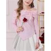 imageOYOANGLE Girls Off Shoulder Bow Tie Ruched Blouse Long Sleeve Asymmetrical Rib Knit ShirtsPink