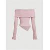 imageOYOANGLE Girls Off Shoulder Bow Tie Ruched Blouse Long Sleeve Asymmetrical Rib Knit ShirtsPink