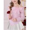 imageOYOANGLE Girls Off Shoulder Bow Tie Ruched Blouse Long Sleeve Asymmetrical Rib Knit ShirtsPink