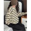 imageOYOANGLE Girls Striped Crewneck Sweater Long Sleeve Button Back Loose Casual Pullover Jumper TopsBeige