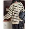 imageOYOANGLE Girls Striped Crewneck Sweater Long Sleeve Button Back Loose Casual Pullover Jumper TopsBeige