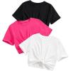 imageOYOANGLE Girls 3 Pack Short Sleeve Tee Shirts Set Twist Hem Crop Top Summer Casual TeesBlack Multi
