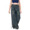 imageOYOANGLE Girls Elastic High Waist Wide Leg Jeans Y2K Ripped Pattern Denim Pants with PocketBlue
