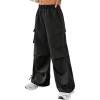imageOYOANGLE Girls Elastic Waist Flap Pocket Cargo Pants Straight Leg Trousers Y2K Parachute PantsBlack