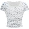 imageOYOANGLE Girls Floral Short Sleeve Ribbed Knit T Shirt Lace Trim Scoop Neck Ruched Crop TopsBlue