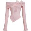 imageOYOANGLE Girls Off Shoulder Bow Tie Ruched Blouse Long Sleeve Asymmetrical Rib Knit ShirtsPink