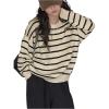 imageOYOANGLE Girls Striped Crewneck Sweater Long Sleeve Button Back Loose Casual Pullover Jumper TopsBeige