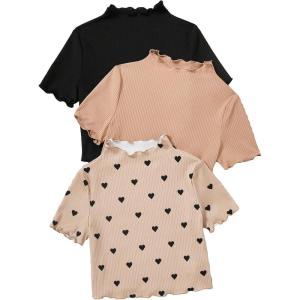 imageOYOANGLE Girls 3 Pack Short Sleeve TShirts Ribbed Knit Mock Neck Tee Shirts Heart Print TeesBlack and Khaki