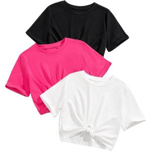 imageOYOANGLE Girls 3 Pack Short Sleeve Tee Shirts Set Twist Hem Crop Top Summer Casual TeesBlack Multi