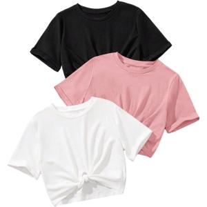 imageOYOANGLE Girls 3 Pack Short Sleeve Tee Shirts Set Twist Hem Crop Top Summer Casual TeesBlack White Pink