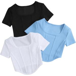 imageOYOANGLE Girls 3 Pack Textured Short Sleeve TShirt Set Square Neck Asymmetrical Hem Summer Tee ShirtsBlack White Blue