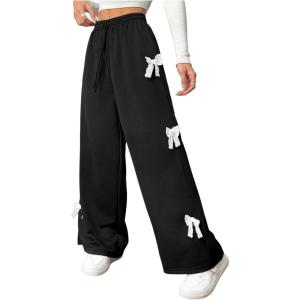imageOYOANGLE Girls Bow Sweatpants Elastic Drawstring Waist Wide Leg Workout Athletic Pants with PocketBlack